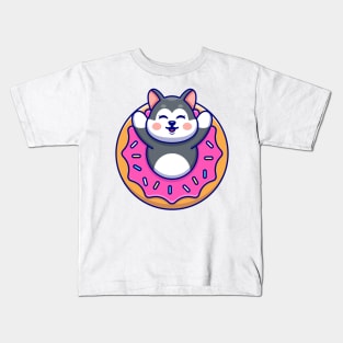 Cute husky with doughnut cartoon Kids T-Shirt